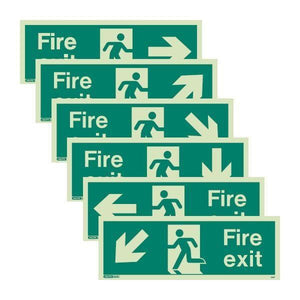 A Range of Photoluminescent Fire Exit Signage - with directional arrows - in three different sizes - Trade Angel